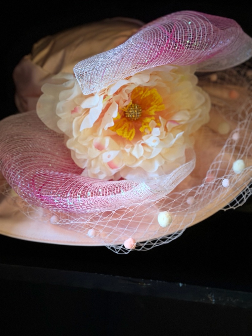 Blush Pink Floral Satin Hat with Veiled Embellishment